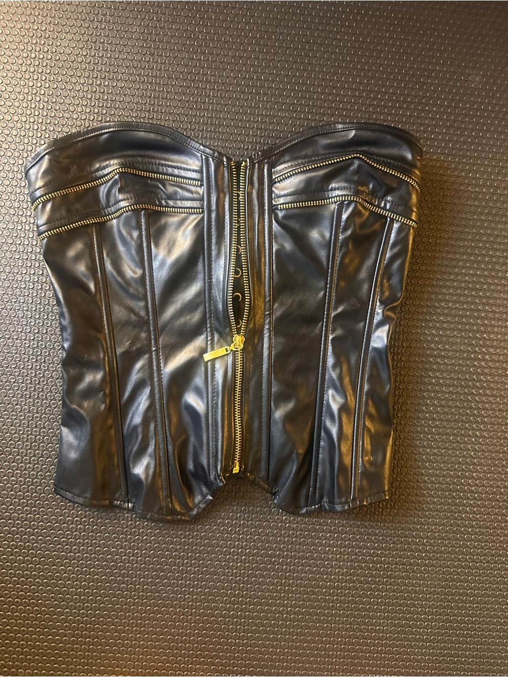 Black Faux Leather Corset Top with Gold Zipper Accents